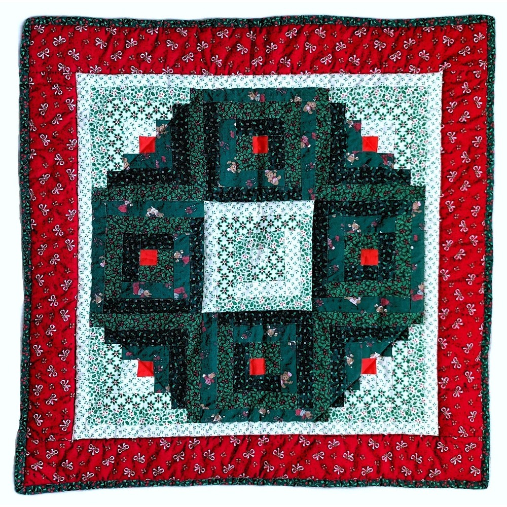 Christmas Log Cabin Quilt Pattern Pieced Wall Hanger Table Topper '93 Signed 27"
